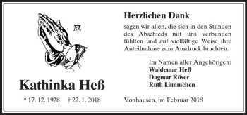 Traueranzeige von Kathinka Heß von  Kreisanzeiger