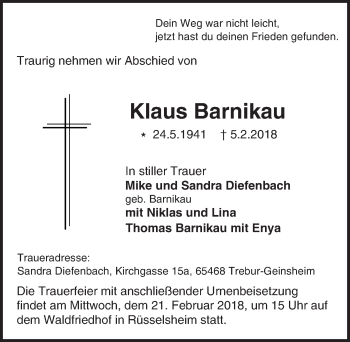 Traueranzeige von Klaus Barnikau von Trauerportal Rhein Main Presse