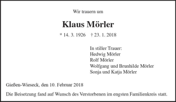 Traueranzeige von Klaus Mörler von  Gießener Anzeiger