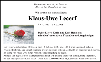 Traueranzeige von Klaus-Uwe Lecerf von Trauerportal Rhein Main Presse