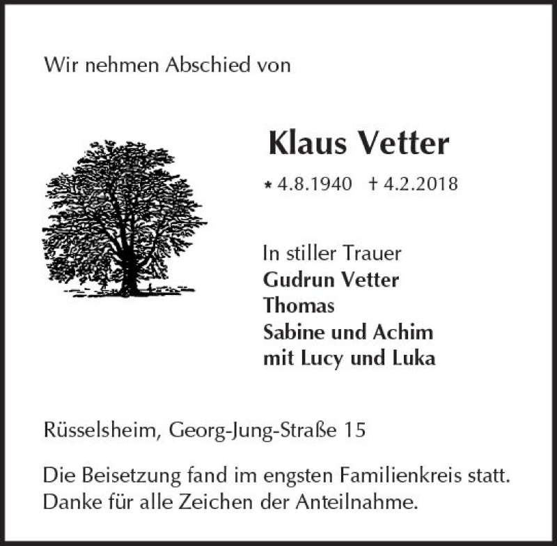  Traueranzeige für Klaus Vetter vom 17.02.2018 aus Trauerportal Rhein Main Presse