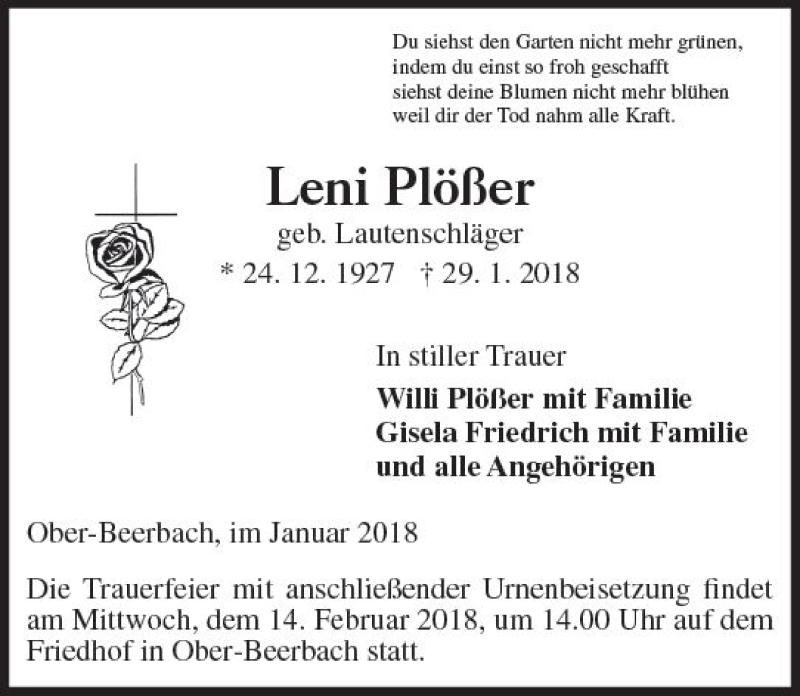  Traueranzeige für Leni Plößer vom 03.02.2018 aus Trauerportal Rhein Main Presse