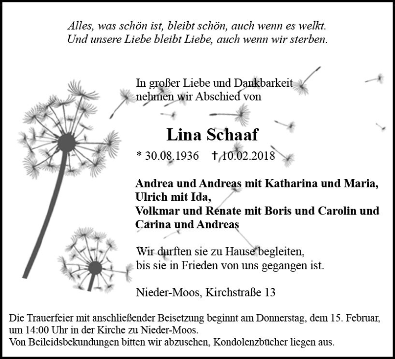  Traueranzeige für Lina Schaaf vom 13.02.2018 aus VRM Trauer