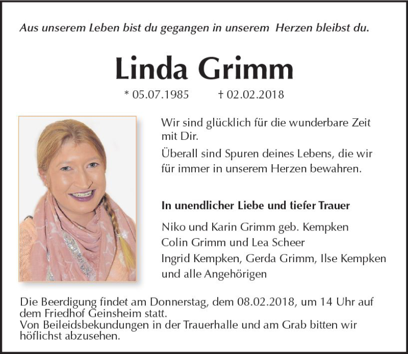  Traueranzeige für Linda Grimm vom 06.02.2018 aus Trauerportal Rhein Main Presse