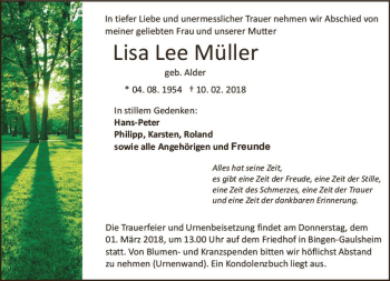 Traueranzeige von Lisa Lee Müller von Trauerportal Rhein Main Presse