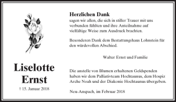Traueranzeige von Liselotte Ernst von  Usinger Anzeiger