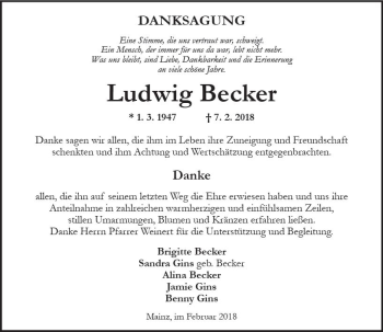 Traueranzeige von Ludwig Becker von Trauerportal Rhein Main Presse