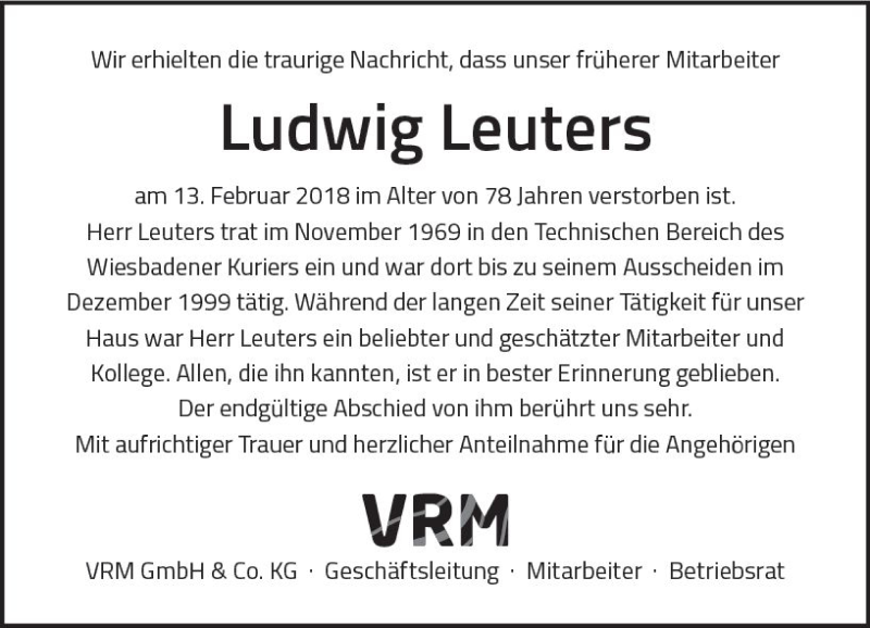  Traueranzeige für Ludwig Leuters vom 24.02.2018 aus Trauerportal Rhein Main Presse