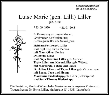 Traueranzeige von Luise Marie Liller von VRM Trauer