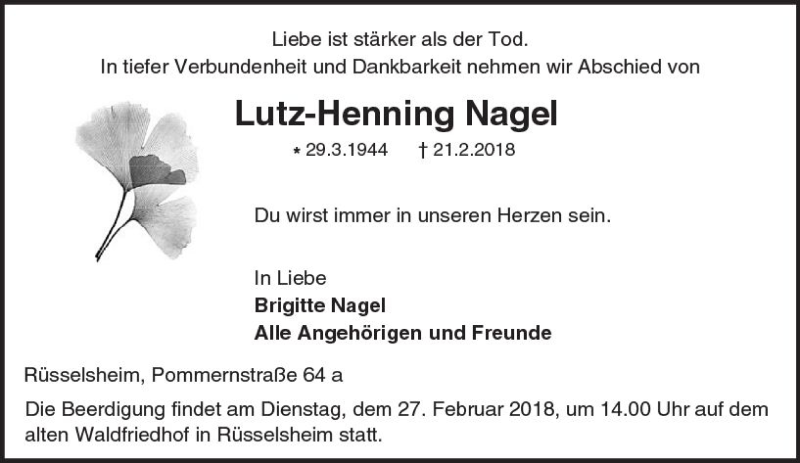  Traueranzeige für Lutz-Henning Nagel vom 24.02.2018 aus Trauerportal Rhein Main Presse