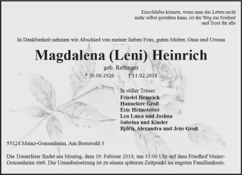 Traueranzeige von Magdalena Heinrich von Trauerportal Rhein Main Presse