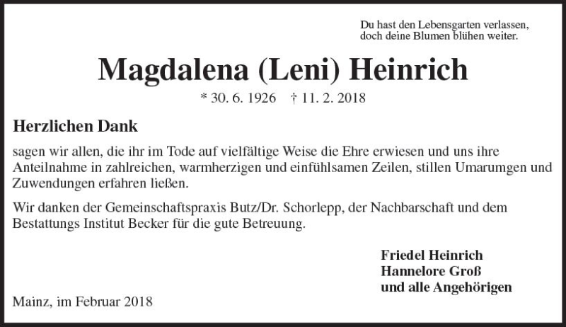  Traueranzeige für Magdalena Heinrich vom 24.02.2018 aus Trauerportal Rhein Main Presse