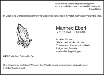 Traueranzeige von Manfred Eberl von Trauerportal Rhein Main Presse