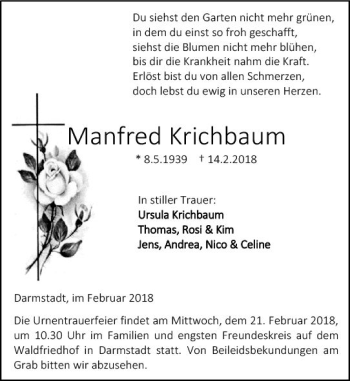 Traueranzeige von Manfred Krichbaum von Trauerportal Rhein Main Presse