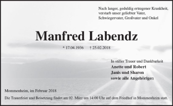 Traueranzeige von Manfred Labendz von Trauerportal Rhein Main Presse