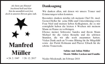 Traueranzeige von Manfred Müller von  Kreisanzeiger