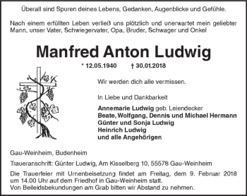 Traueranzeige von Manfred Anton Ludwig von Trauerportal Rhein Main Presse