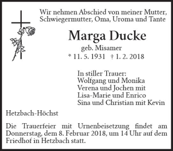 Traueranzeige von Marga Ducke von Trauerportal Rhein Main Presse