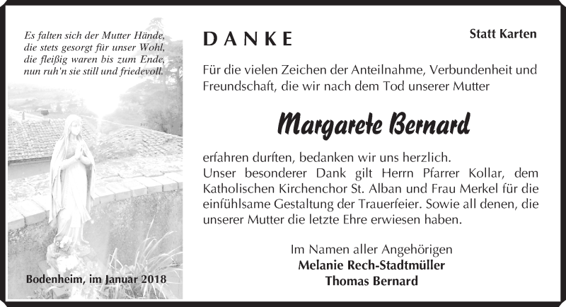  Traueranzeige für Margarete Bernard vom 10.02.2018 aus Trauerportal Rhein Main Presse