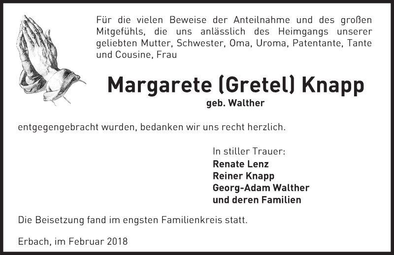  Traueranzeige für Margarete Knapp vom 10.02.2018 aus Trauerportal Rhein Main Presse
