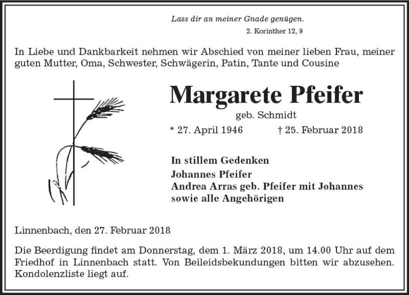  Traueranzeige für Margarete Pfeifer vom 27.02.2018 aus Trauerportal Rhein Main Presse
