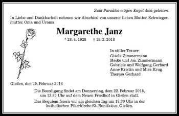 Traueranzeige von Margarethe Janz von  Gießener Anzeiger