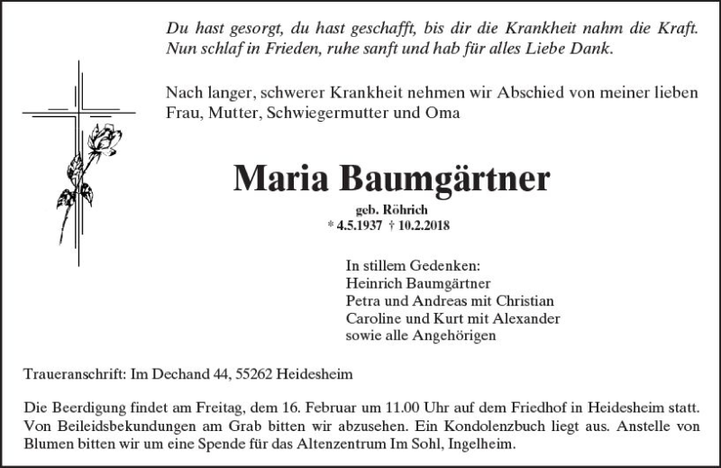  Traueranzeige für Maria Baumgärtner vom 14.02.2018 aus Trauerportal Rhein Main Presse