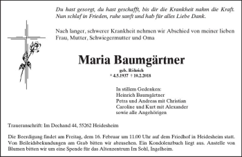 Traueranzeige von Maria Baumgärtner von Trauerportal Rhein Main Presse