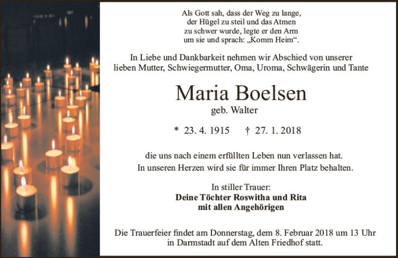  Traueranzeige für Maria Boelsen vom 03.02.2018 aus Trauerportal Rhein Main Presse