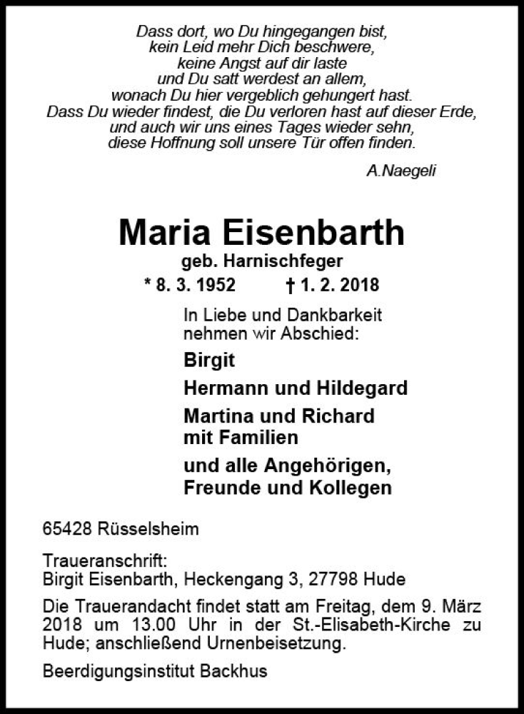  Traueranzeige für Maria Eisenbarth vom 07.02.2018 aus Trauerportal Rhein Main Presse