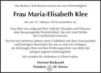 Traueranzeige von Maria-Elisabeth Klee von Trauerportal Rhein Main Presse