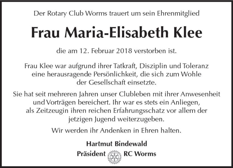  Traueranzeige für Maria-Elisabeth Klee vom 16.02.2018 aus Trauerportal Rhein Main Presse