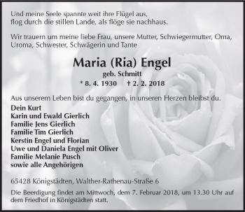 Traueranzeige von Maria Engel von Trauerportal Rhein Main Presse