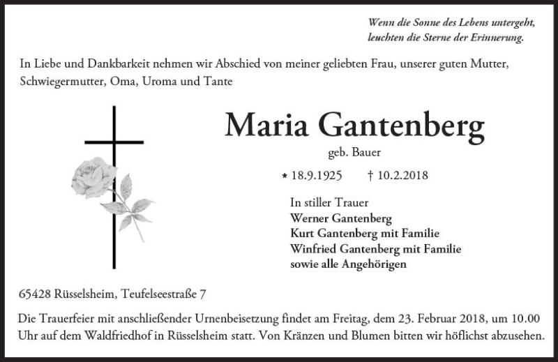  Traueranzeige für Maria Gantenberg vom 17.02.2018 aus Trauerportal Rhein Main Presse