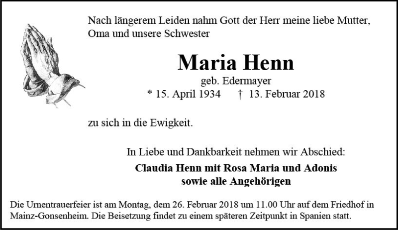  Traueranzeige für Maria Henn vom 17.02.2018 aus Trauerportal Rhein Main Presse