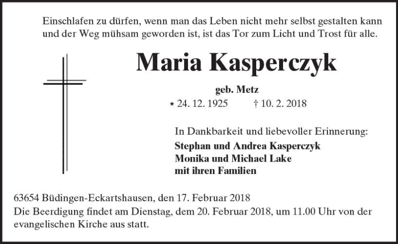  Traueranzeige für Maria Kasperczyk vom 17.02.2018 aus  Kreisanzeiger