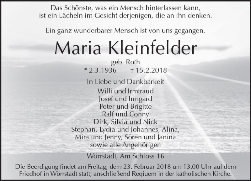  Traueranzeige für Maria Kleinfelder vom 20.02.2018 aus Trauerportal Rhein Main Presse