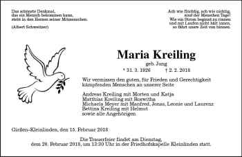 Traueranzeige von Maria Kreiling von  Gießener Anzeiger