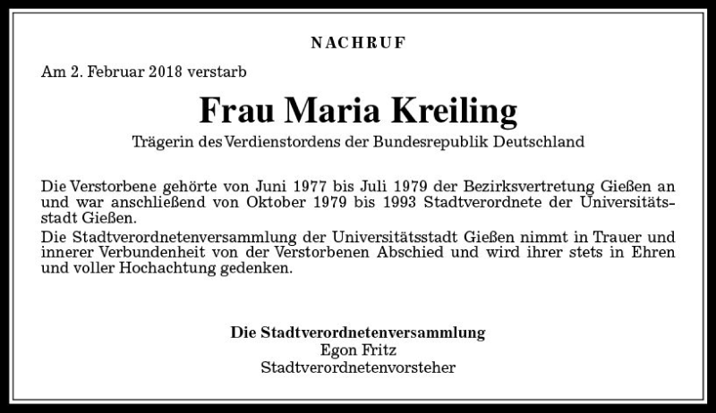  Traueranzeige für Maria Kreiling vom 15.02.2018 aus  Gießener Anzeiger