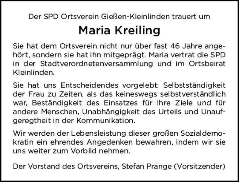  Traueranzeige für Maria Kreiling vom 17.02.2018 aus  Gießener Anzeiger
