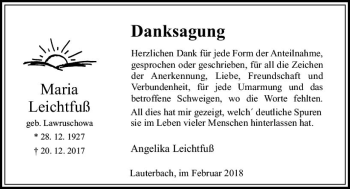 Traueranzeige von Maria Leichtfuß von VRM Trauer