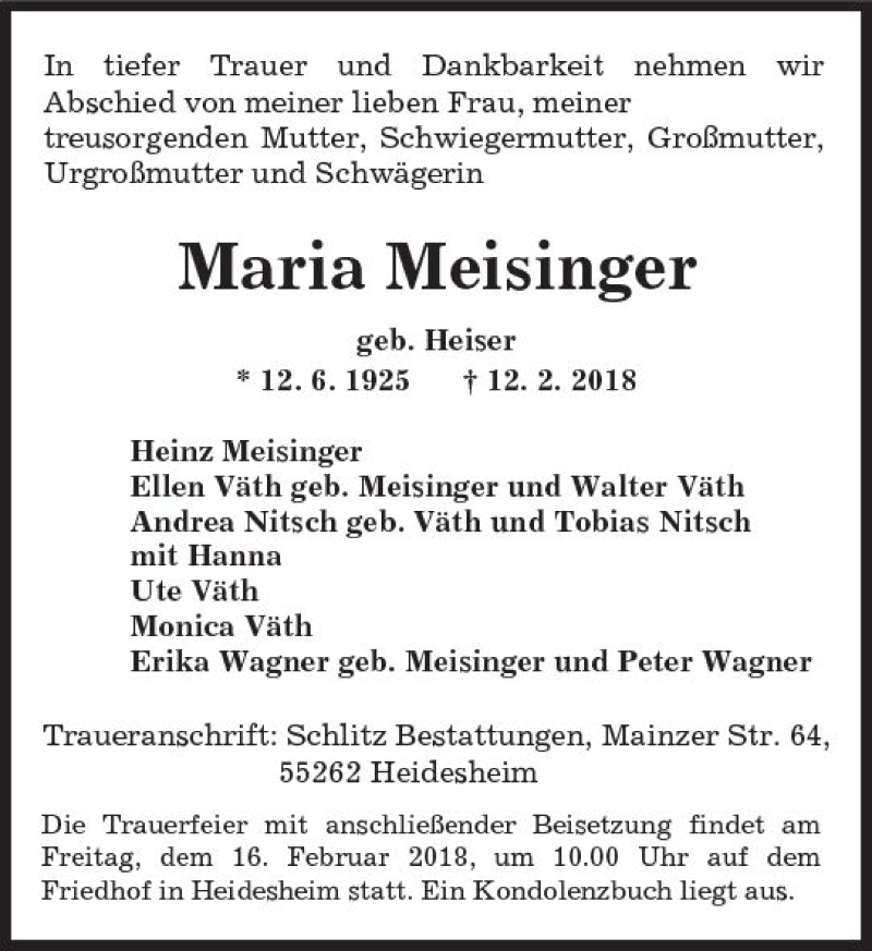  Traueranzeige für Maria Meisinger vom 14.02.2018 aus Trauerportal Rhein Main Presse