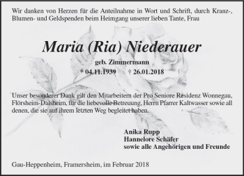 Traueranzeige von Maria Niederauer von Trauerportal Rhein Main Presse