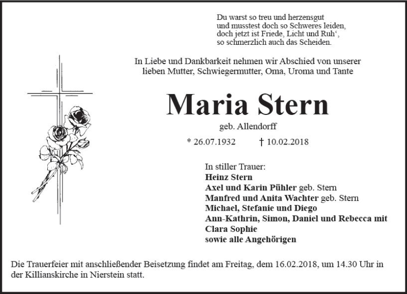  Traueranzeige für Maria Stern vom 14.02.2018 aus Trauerportal Rhein Main Presse