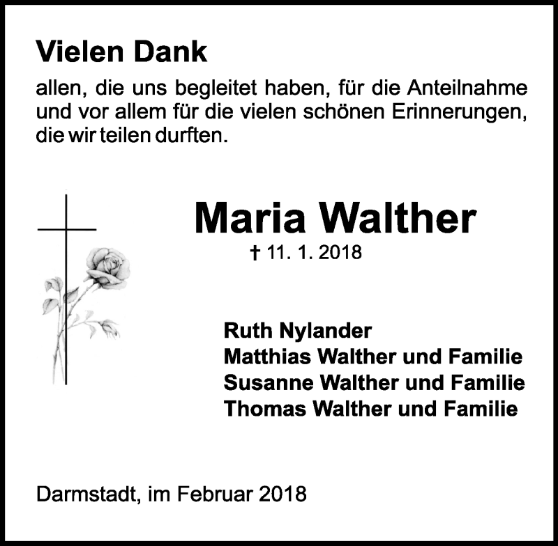  Traueranzeige für Maria Walther vom 10.02.2018 aus Trauerportal Rhein Main Presse