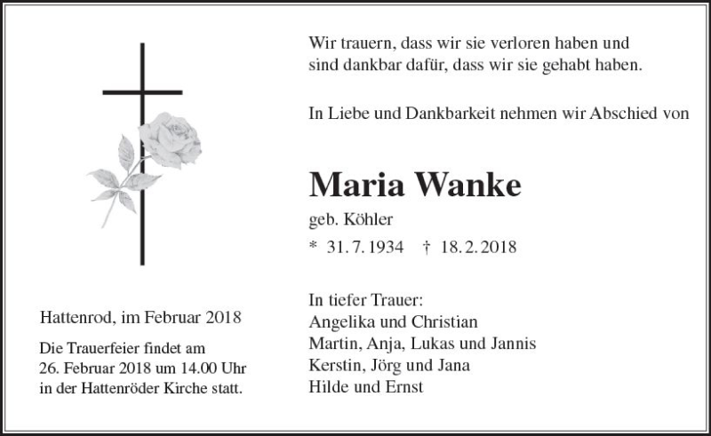  Traueranzeige für Maria Wanke vom 23.02.2018 aus  Gießener Anzeiger