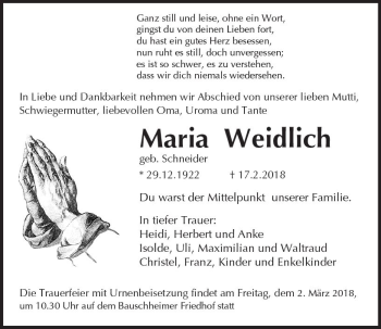 Traueranzeige von Maria Weidlich von Trauerportal Rhein Main Presse