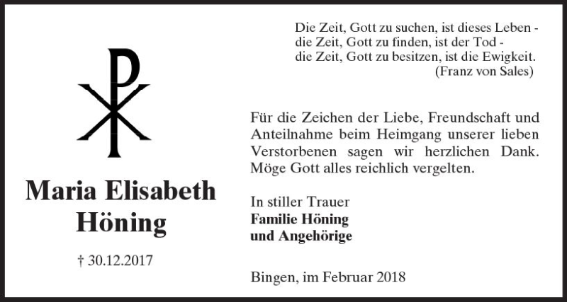  Traueranzeige für Maria Elisabeth Höning vom 03.02.2018 aus Trauerportal Rhein Main Presse
