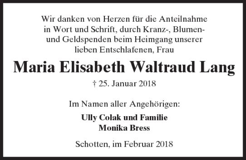  Traueranzeige für Maria Elisabeth Waltraud Lang vom 17.02.2018 aus  Kreisanzeiger