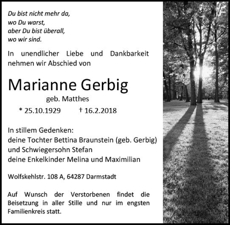  Traueranzeige für Marianne Gerbig vom 24.02.2018 aus Trauerportal Rhein Main Presse